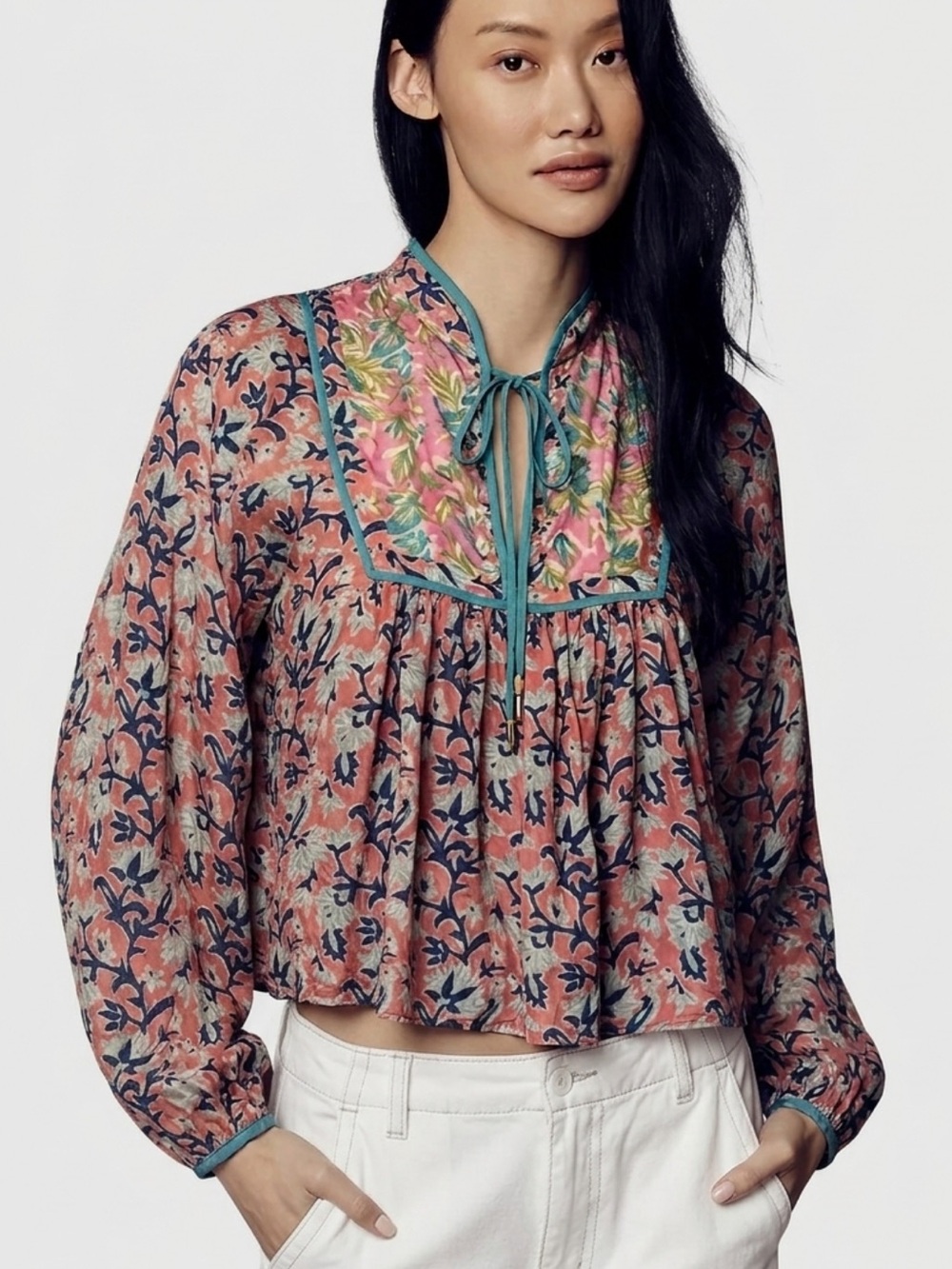 Calypso Silk Floral Vines Mixed Print Long Sleeve Popover Blouse Size M Pink